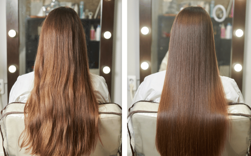 Before-and-after results of keratin treatment in Palm Beach Gardens show a woman's hair transitioning from frizzy to sleek.