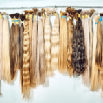 A display of aqua hair extensions in Palm Beach Gardens with various hair colors and textures available for styling.