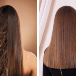 The before-and-after results of a Brazilian Blowout in Palm Beach Gardens show a woman's hair going from tangled and frizzy to sleek and straight.