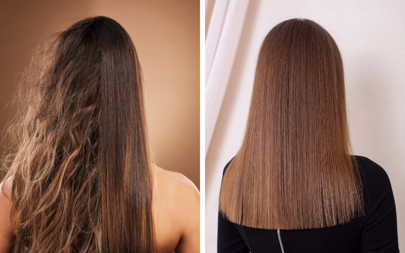 The before-and-after results of a Brazilian Blowout in Palm Beach Gardens show a woman's hair going from tangled and frizzy to sleek and straight.