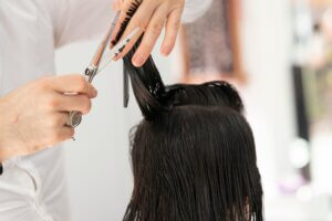 Close-up of a hairstylist cutting wet hair with scissors and comb, demonstrating how to cut short hair in a precise and professional way.