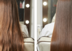 Before-and-after results of keratin treatment in Palm Beach Gardens show a woman's hair transitioning from frizzy to sleek.